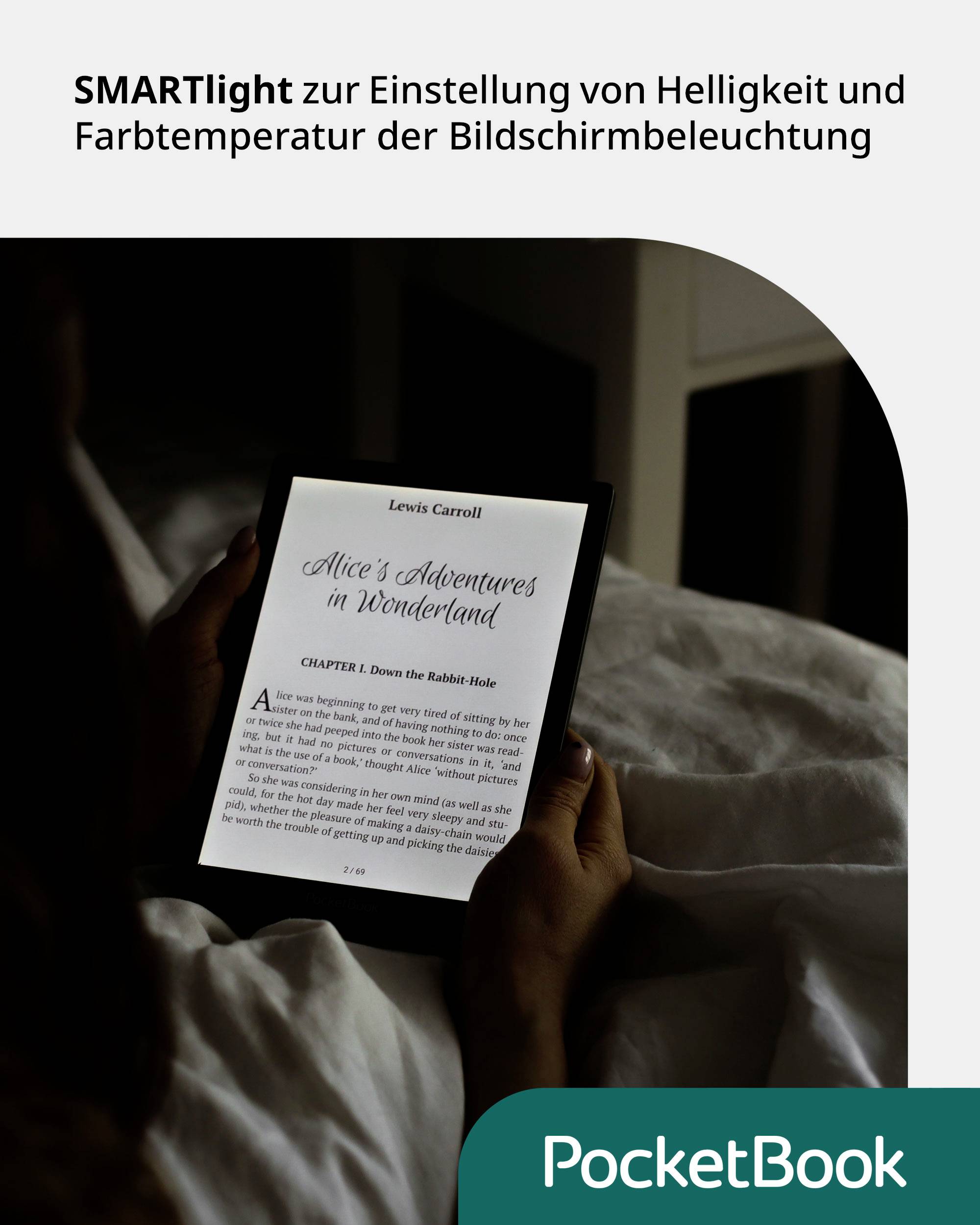 A person is reading an e-book on a PocketBook device in bed. The screen displays the title 'Alice's Adventures in Wonderland'.