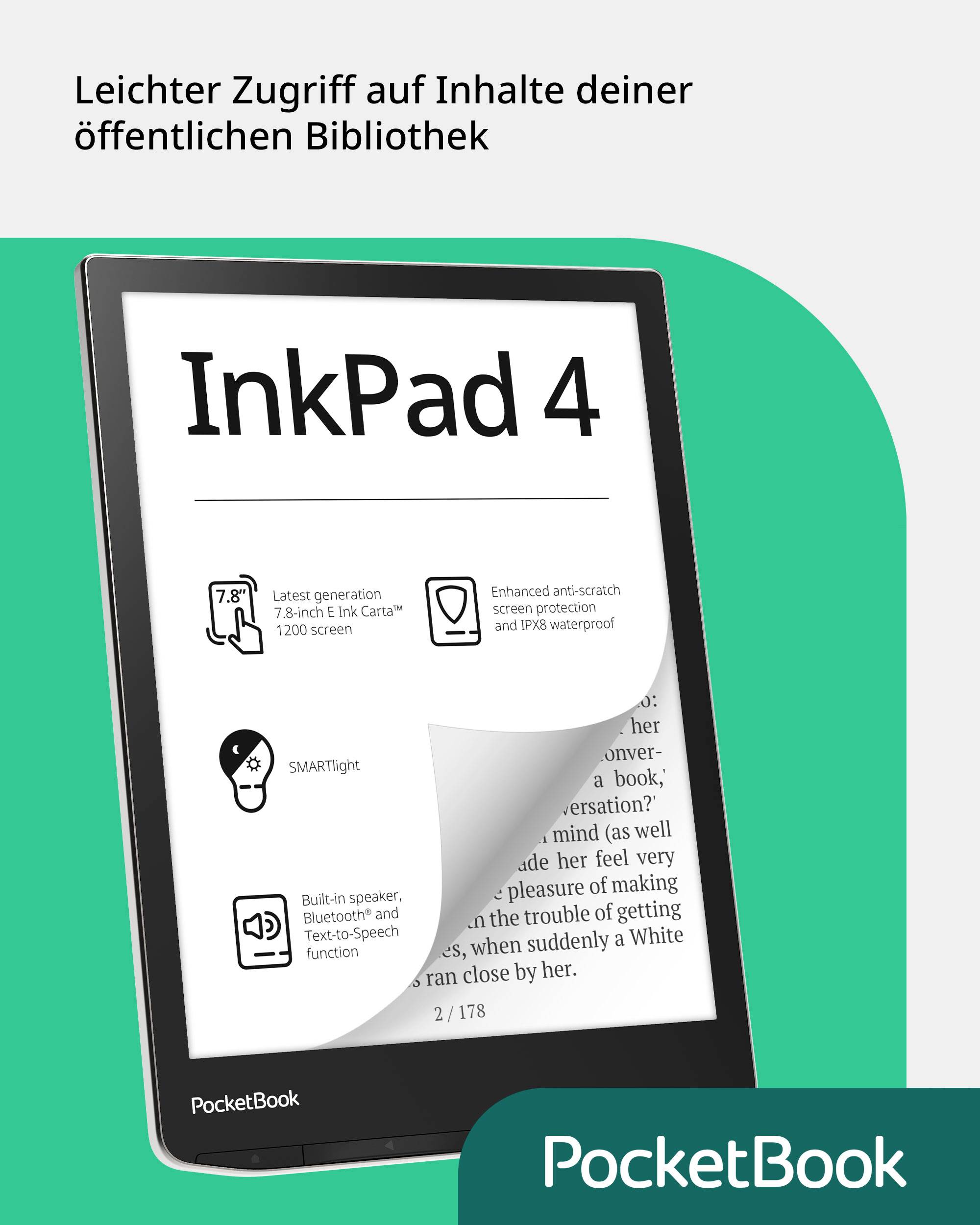 E-Reader 'PocketBook InkPad 4' with a screen displaying E-Ink technology and SMARTlight, against a green background. Text at the top: 'Easy access to contents of your public library'.