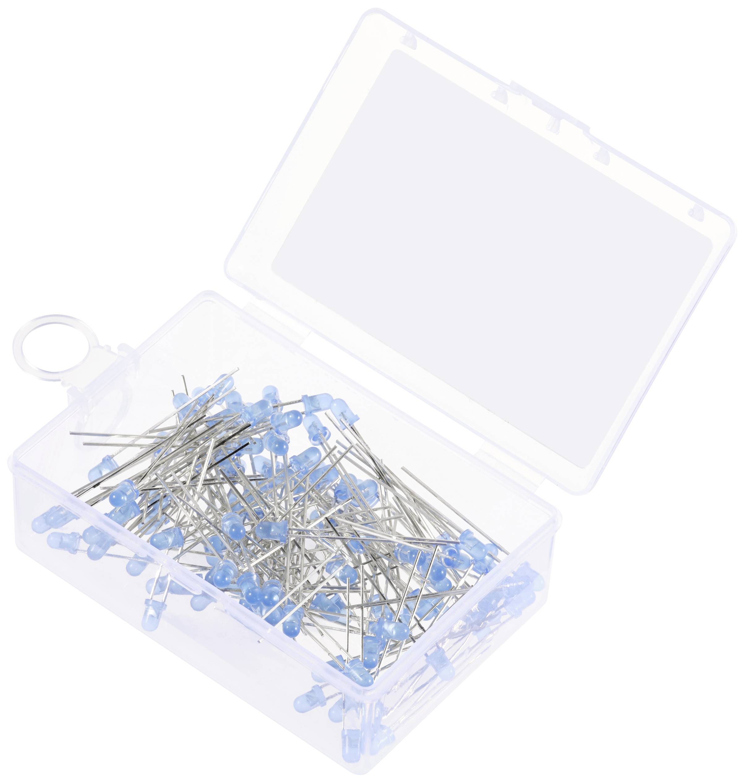 Open plastic box with numerous needles, each with blue heads.
