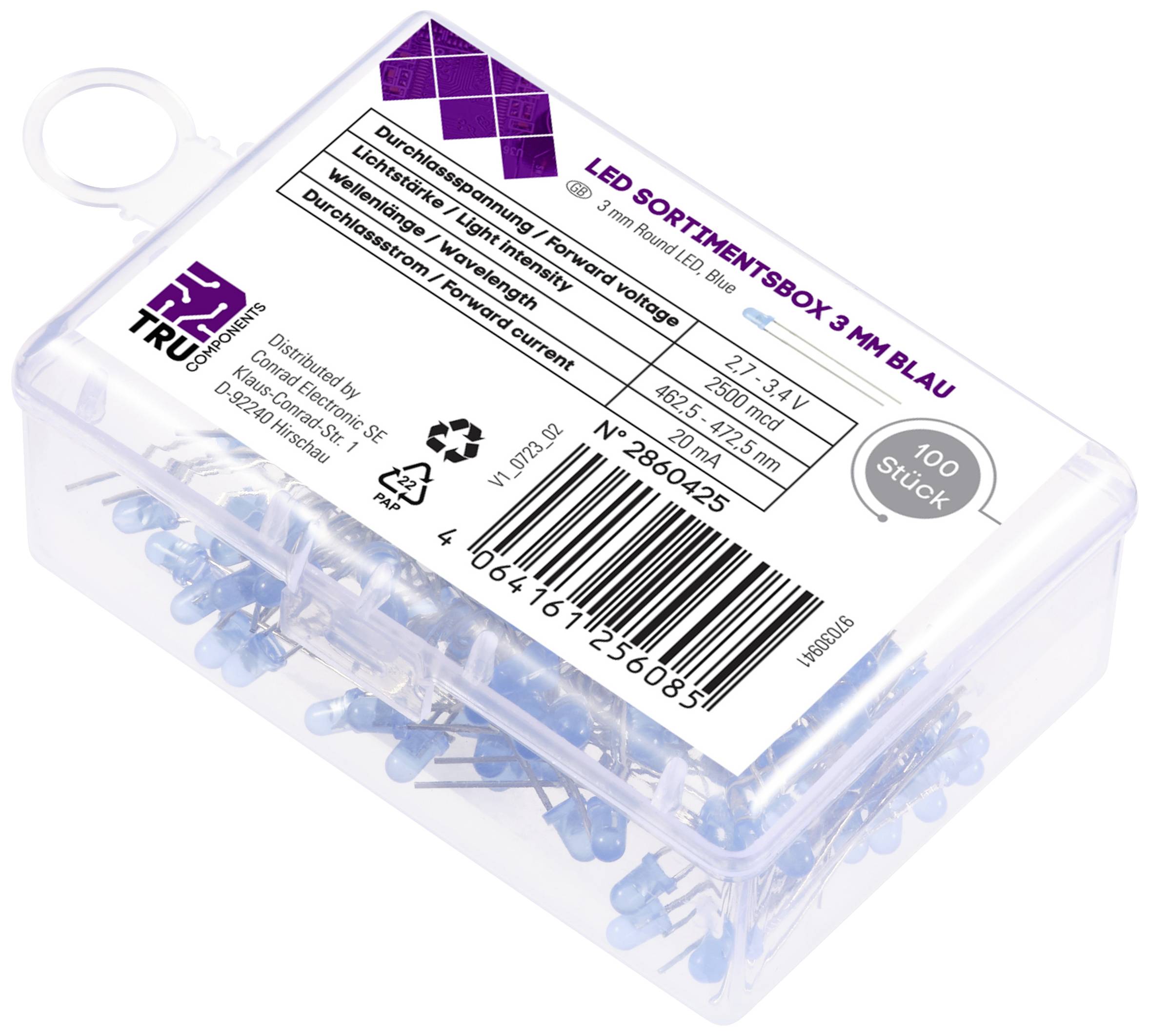 'LED Assortment Box 3 mm blue' contains 100 blue LEDs. The label displays technical specifications such as voltage and current.