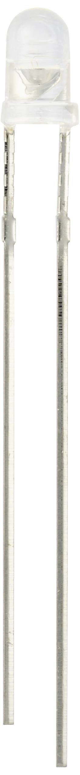 A single white LED with two long metal legs against a white background.