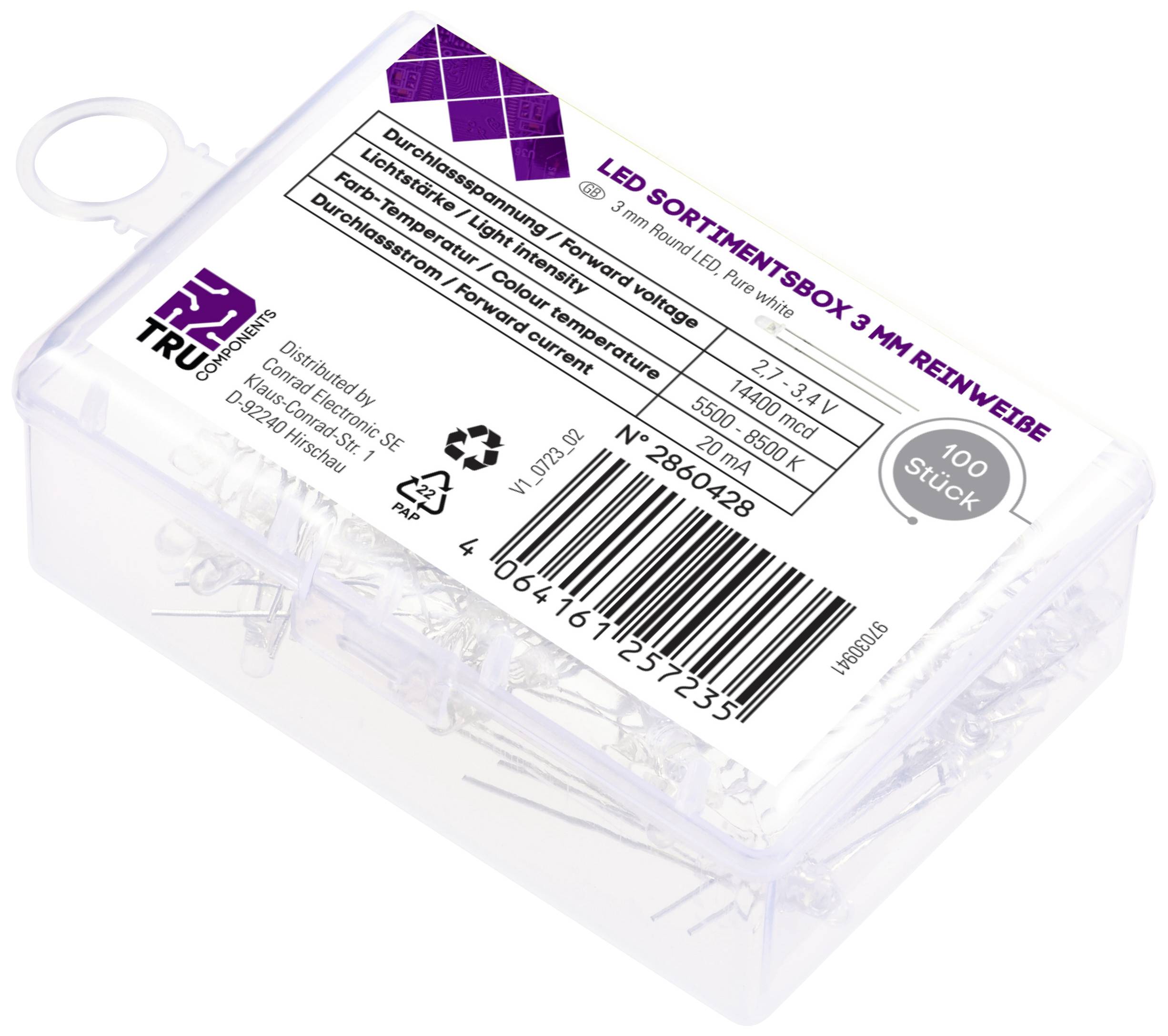 Plastic box with LED diodes, label shows product specifications: Assortment box with 100 pieces, 3 mm LEDs, various colours.