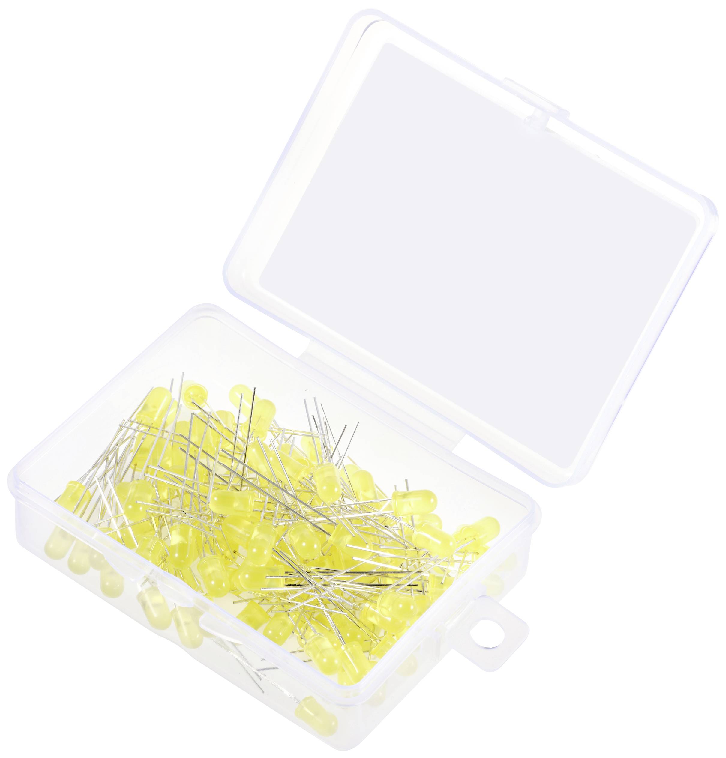 Clear view box with yellow LEDs, opened. Contains many loose, round LEDs with visible wires, ready for use in electronic projects.