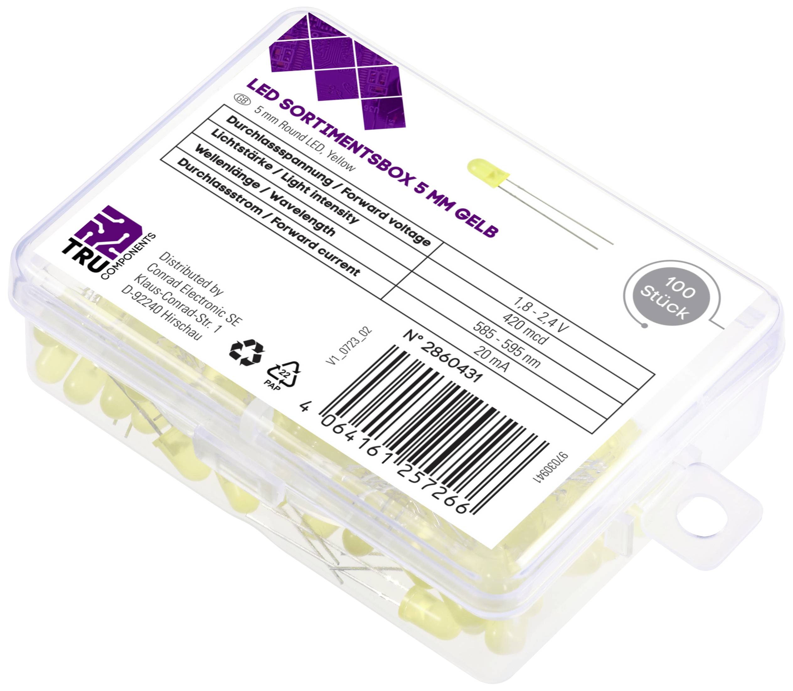 'LED Selection' Box with 100 yellow LEDs, voltage and light intensity details on the packaging.