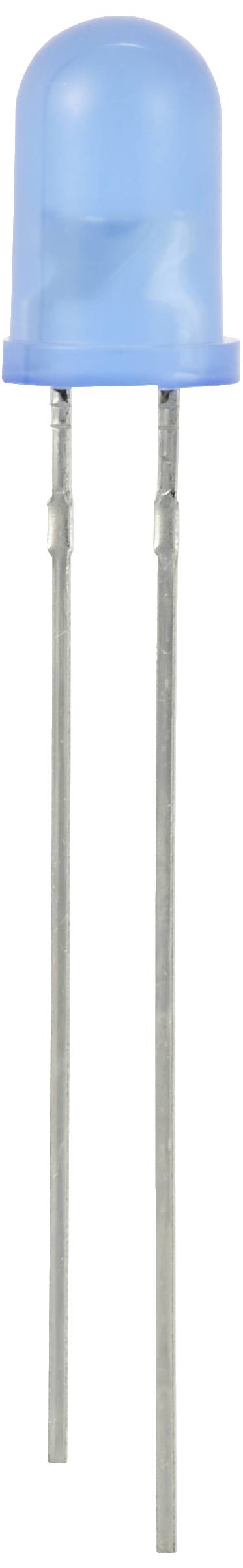 Blue LED with two long metal legs, standing. It serves to indicate current or as a light source in electronic devices.