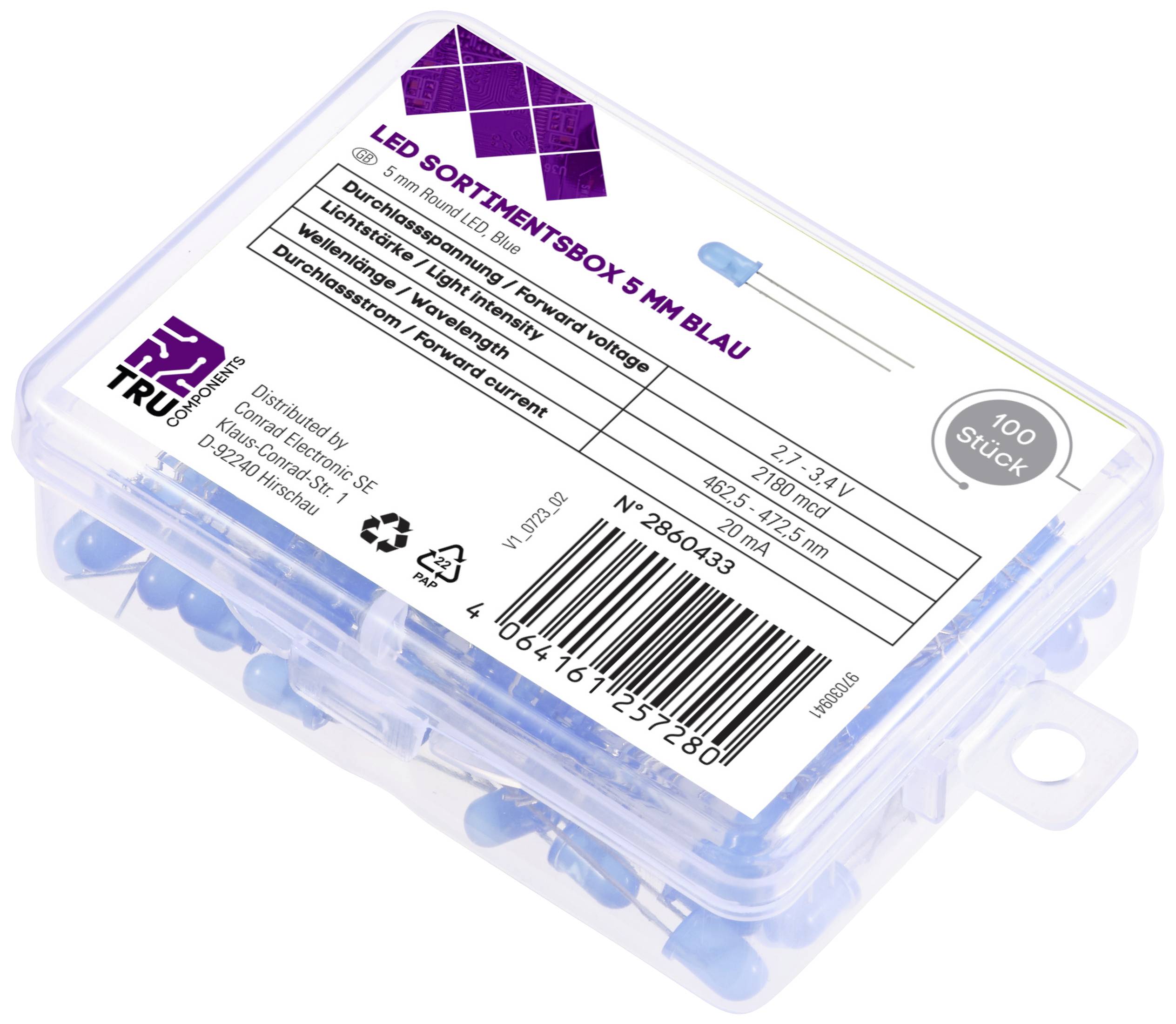 LED Assortment Box with Blue LEDs, 100 pieces. 5 mm diameter, 470-475 nm wavelength, 2.7-3.4 V operating voltage.