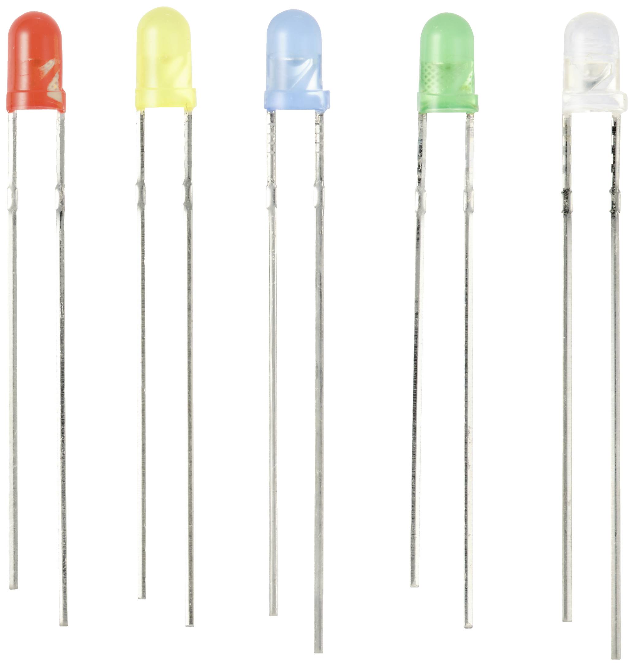 Five differently coloured LED lamps with long metal legs stand side by side: red, yellow, blue, green and transparent.