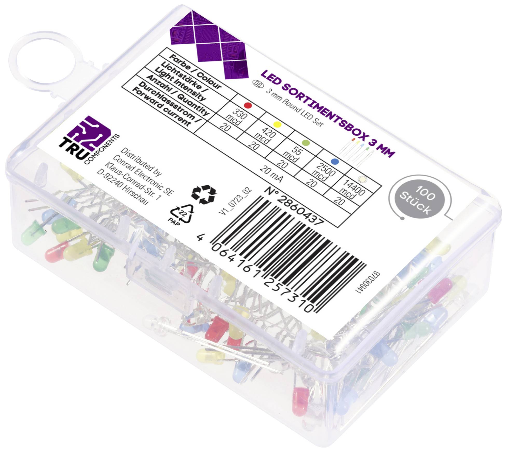Transparent box with colourful LEDs, label displays colour, voltage and current tables for 3-mm LEDs, contains 100 pieces.