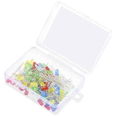 An open plastic box filled with colourful LEDs in red, blue, yellow and green.