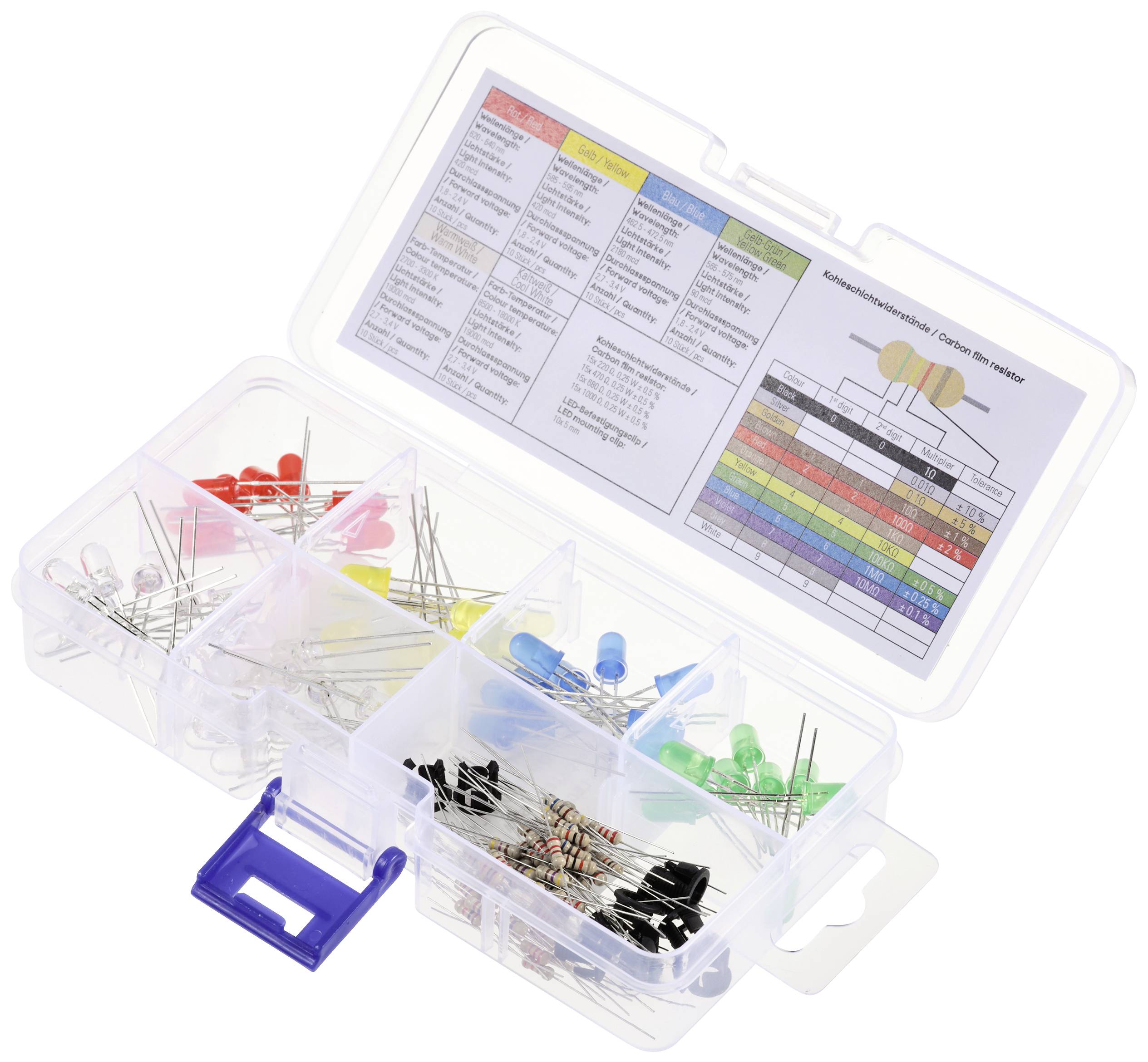 Transparent plastic box with compartments contains colourful LED lights and resistors. A colour chart with resistance values is depicted on the lid.