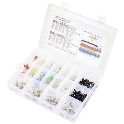 A component box with various coloured resistors, sorted into compartments. A colour code table diagram is located on the inside of the lid.