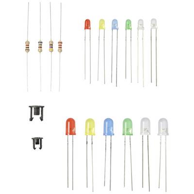 Electronic Components: At the top, four resistors and five colourful LEDs; below, a red one, four colourful LEDs, and two small clips.