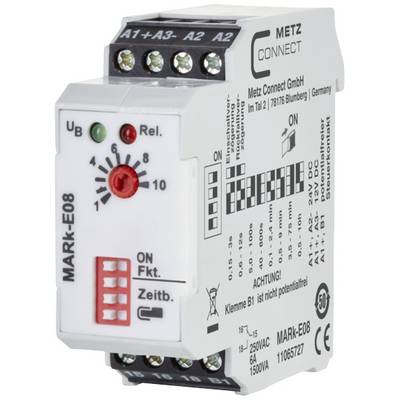 Relay module by Metz Connect. Inscription shows technical details: Voltage 12-24V DC/AC, time delay, status LEDs.
