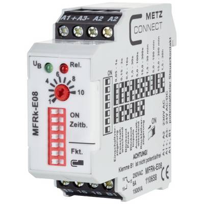 A multifunctional relay MFRK-E08 from METZ CONNECT with adjustable switches and connections, suitable for electrical installations.