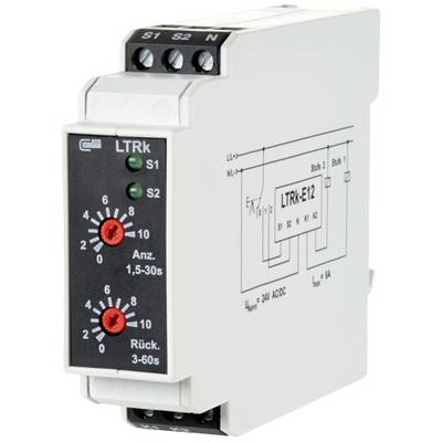 A white relay housing with two rotary controls and circuit diagram is shown. On the front side are the labels 'S1', 'S2', 'N'.