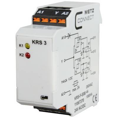 Relay module by Metz Connect, Model KRS 3, showing wiring diagram and technical specifications for electrical connection.
