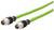 Green connection cable with two metallic round plugs at the ends, suitable for industrial or technical applications.
