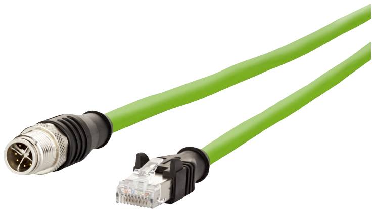 Green Ethernet cable with an M12 connector on one side and an RJ45 connector on the other.