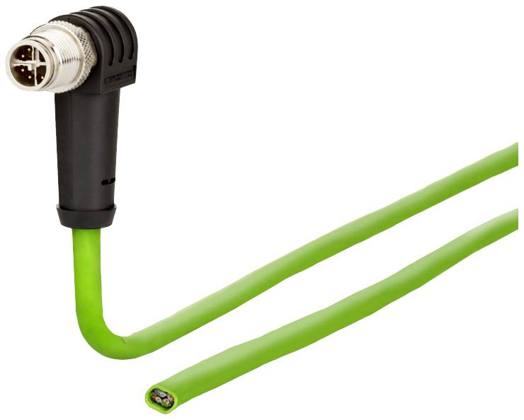 A green, angled cable with a connector, used for industrial applications, is visible.