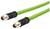 Two green cables with black and silver connectors at the ends, suitable for industrial connections or electrical connections.
