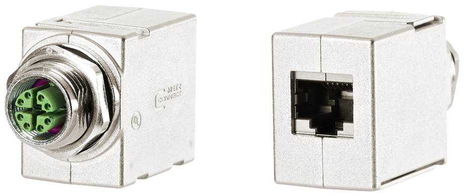 A metal M12-to-RJ45 modular adapter, showing front and back views. On the left, an M12 connection with a socket, on the right, an RJ45 connection opening.