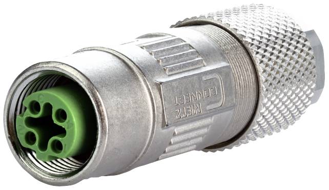 A metallic connector with a ribbed surface and green inner components for electronic connections.