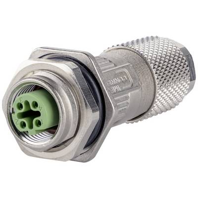 Metallic M12 connector with ridged edges and a green interface featuring four connections for robust electrical connections.