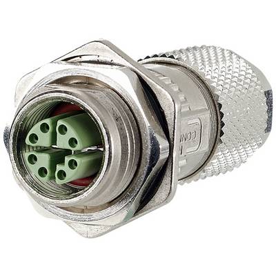 Metal connector with four green terminals, suitable for industrial applications, featuring robust threaded construction.