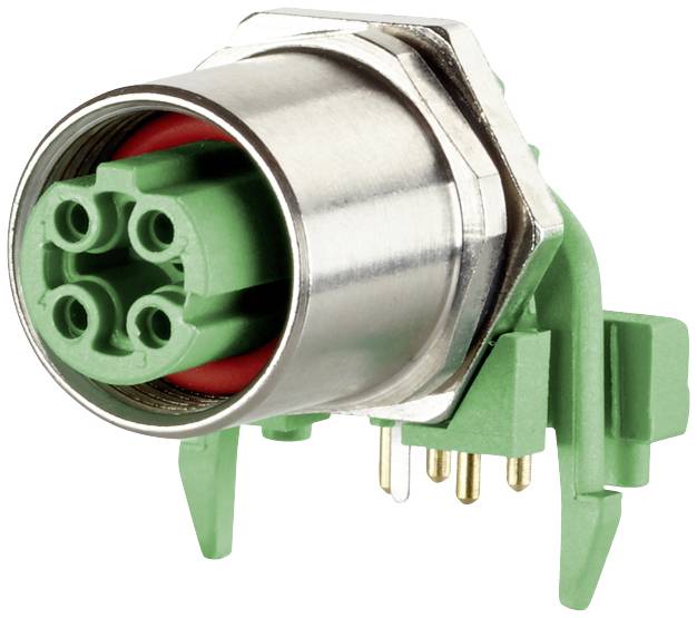 Metallic connector with green and red interior, suitable for electrical applications. Visible pins and housing profile.