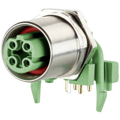 A green electrical connector with a metal housing and multiple pins, suitable for industrial applications.