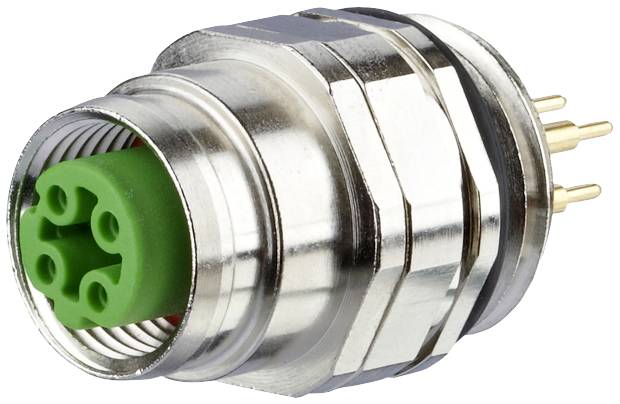 Metallic electrical plug with a green plastic component and five golden pins, photographed from the side.