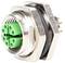 Electrical connector with metal housing and four green contacts, suitable for industrial applications and data transmission.