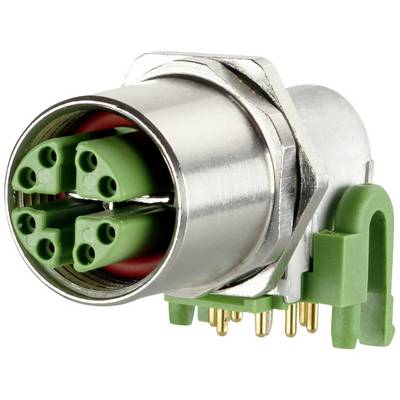 A silver circular connector with green contacts and gold pins on the underside, suitable for industrial applications.