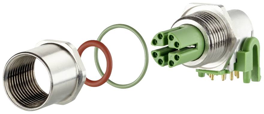 Electrical connector: green sockets in metal housing with terminals; red and green sealing rings.