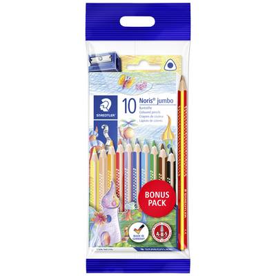 Pack of 10 colourful 'Noris jumbo' coloured pencils, including sharpener. Packaging displays vibrant illustrations and text reading 'Bonus Pack'.