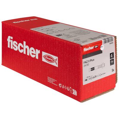 Red Fischer box of fischer FAZ II Plus anchors, labeled '24/30' and '5x', shown on white background.