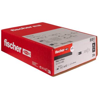 Red Fischer box of fischer FAZ II Plus anchor bolts, labeled '12/100 HBS' and '20x', shown on a white background.