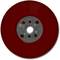 Red, circular grinding wheel with a hole pattern in the centre, used for grinding work on various materials.