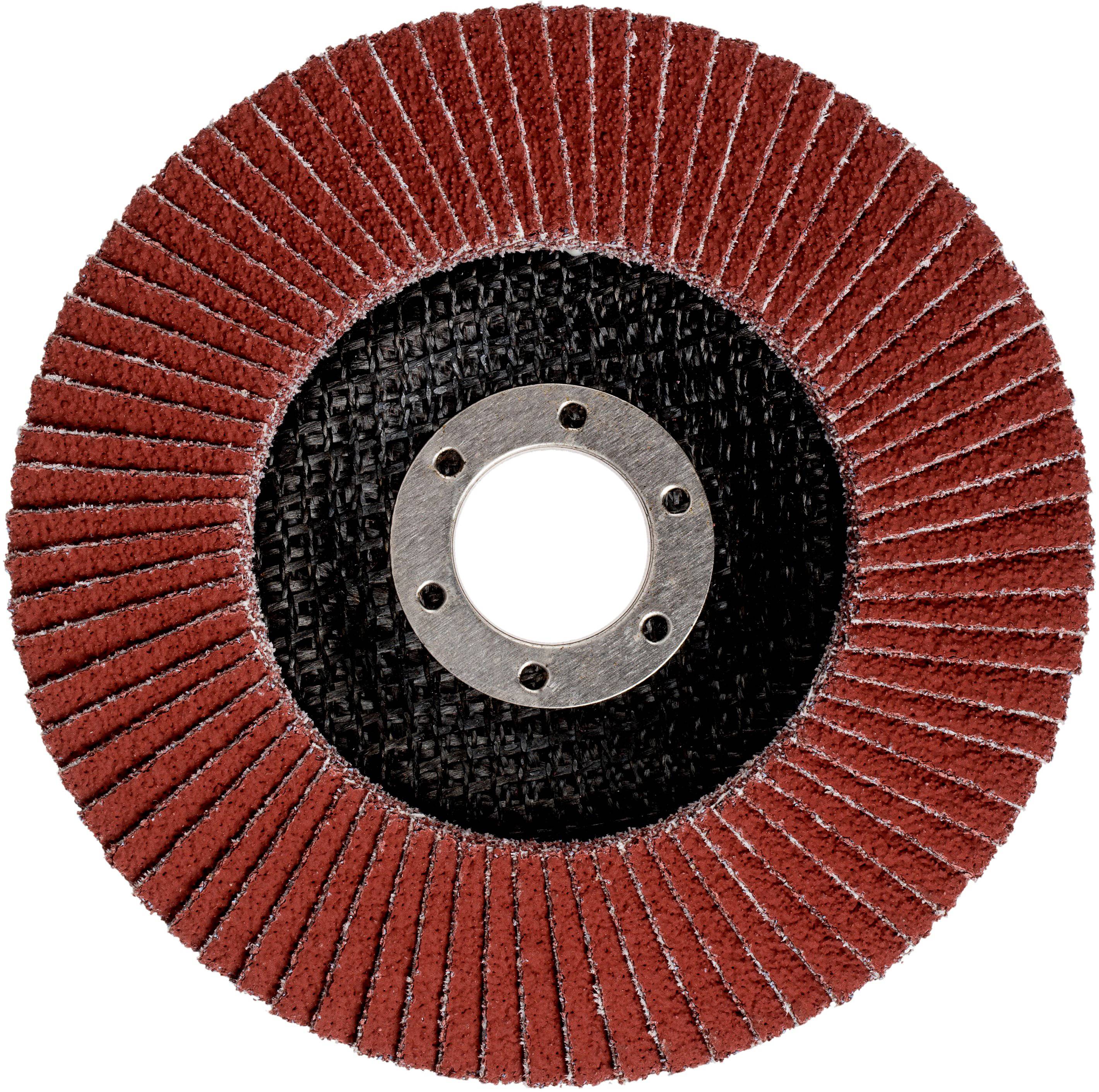 Grinding disc with red lamellae and black centre for metalworking. Designed for efficient grinding and polishing.