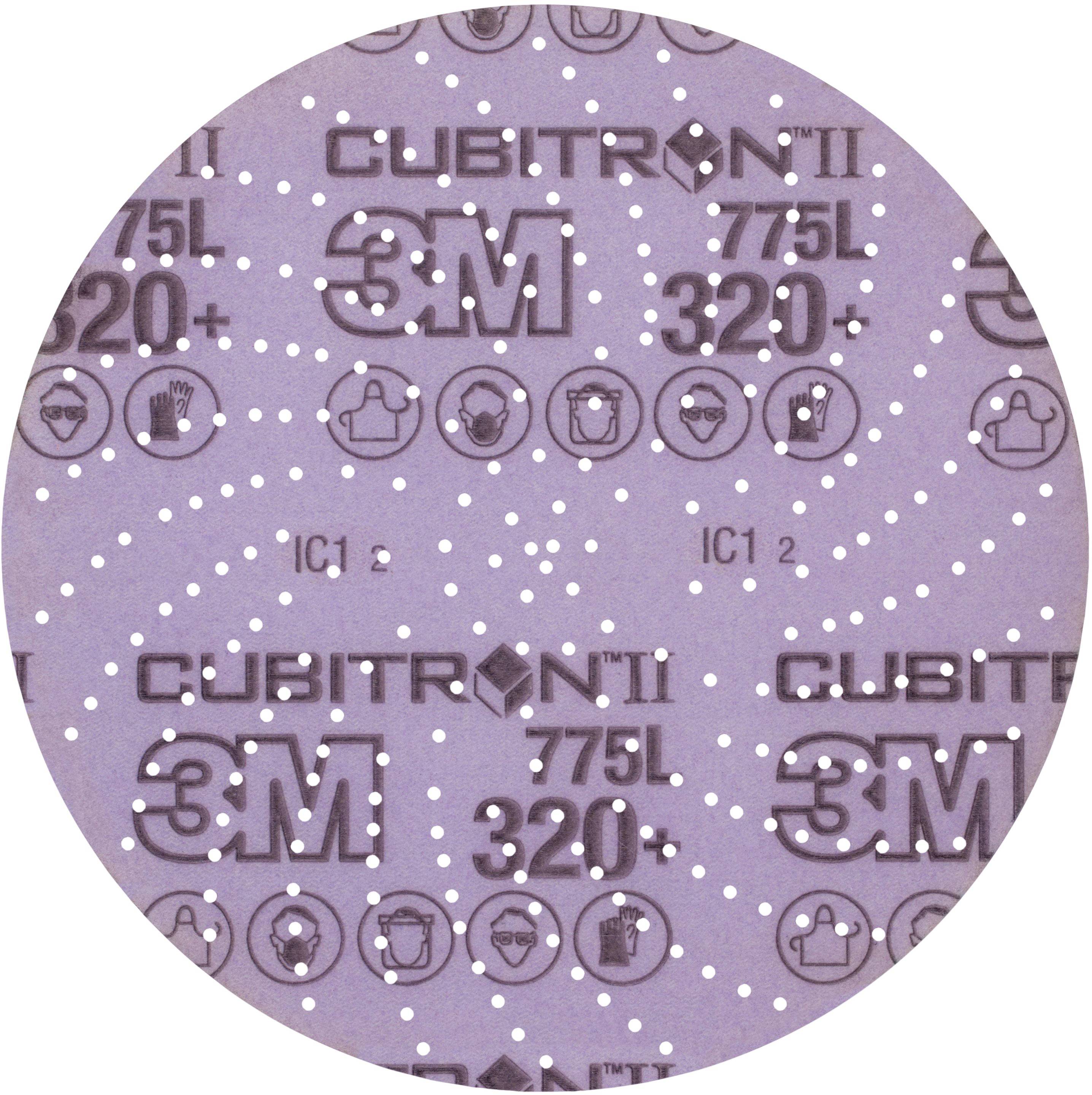 A purple grinding disc section with white '3M Cubitron II 775L 320+' text, perforated with small holes.