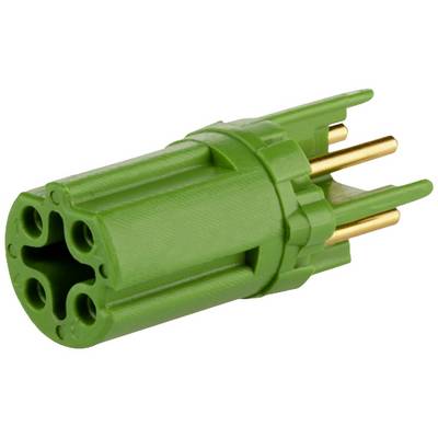 A green, cylindrical electrical plug with multiple golden contacts, suitable for specific connections in electronic devices.