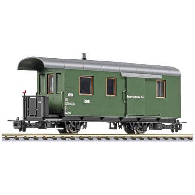 A green model railway goods wagon with the inscription 'Austrian Post' on a track, featuring detailed design with doors and windows.