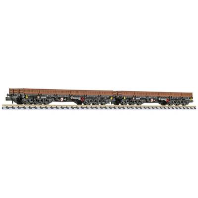 Two coupled freight wagons on a track, brown bodywork, black undercarriages, marked with warning stripes on the sides.