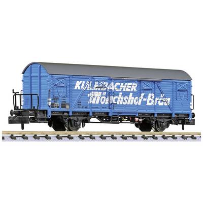 Blue goods wagon on a railway track with the inscription 'Kulmbacher Mönchshof Brewery'.