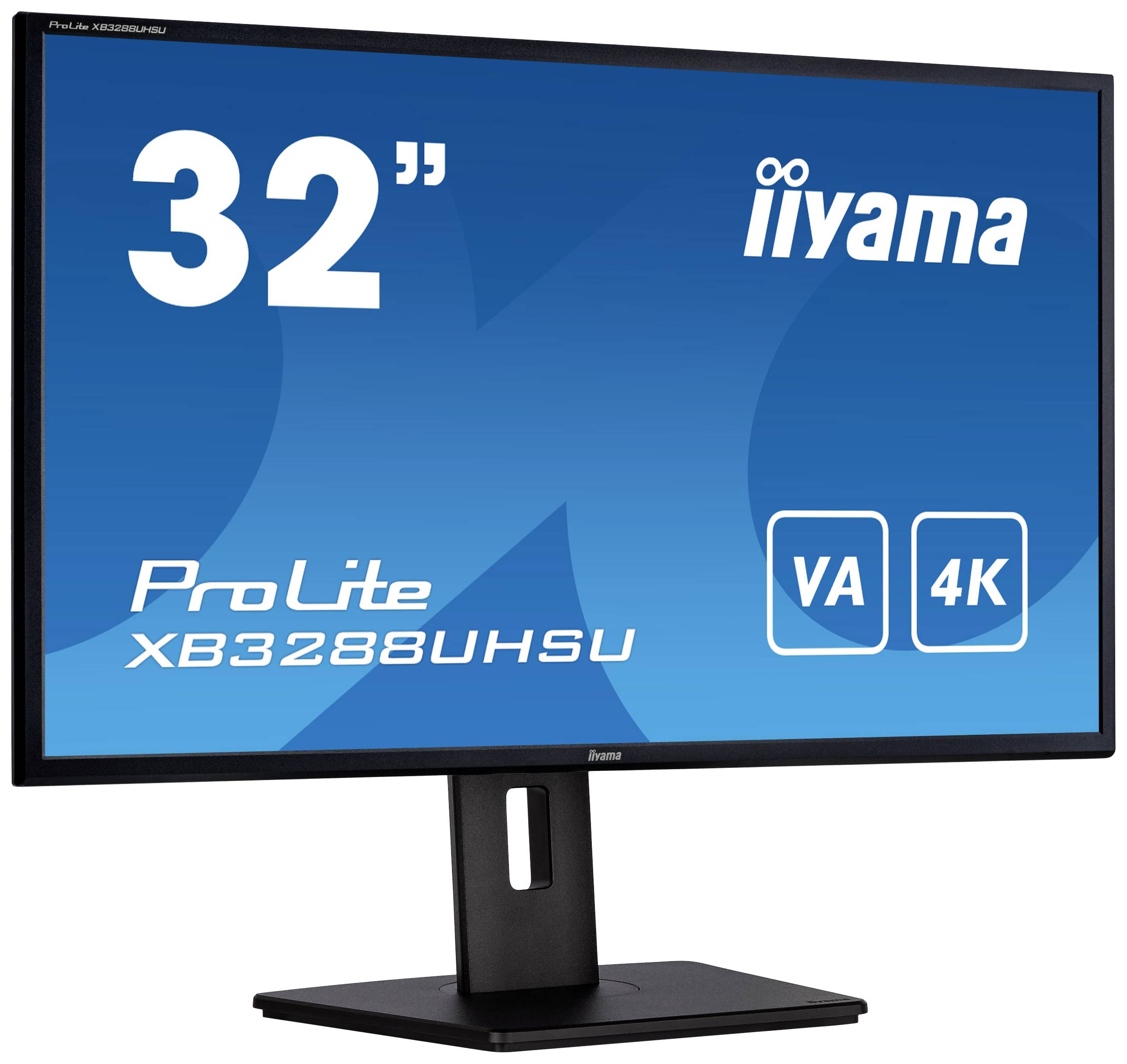 Image of an iiyama ProLite XB3288UHSU monitor, 32 inches, with VA panel technology and 4K resolution, on a black stand.