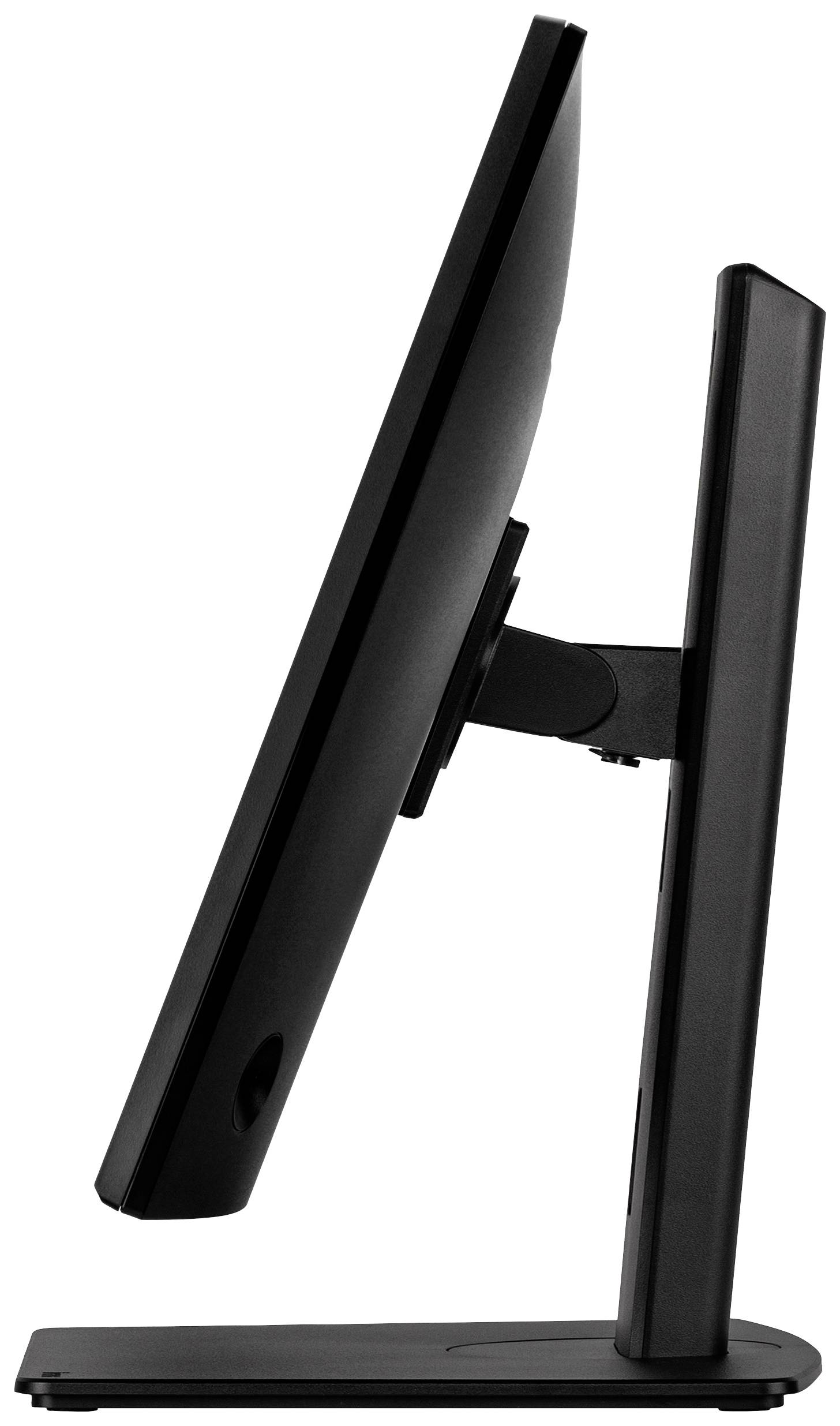 A black computer monitor in side profile shows a sleek design and an adjustable stand.