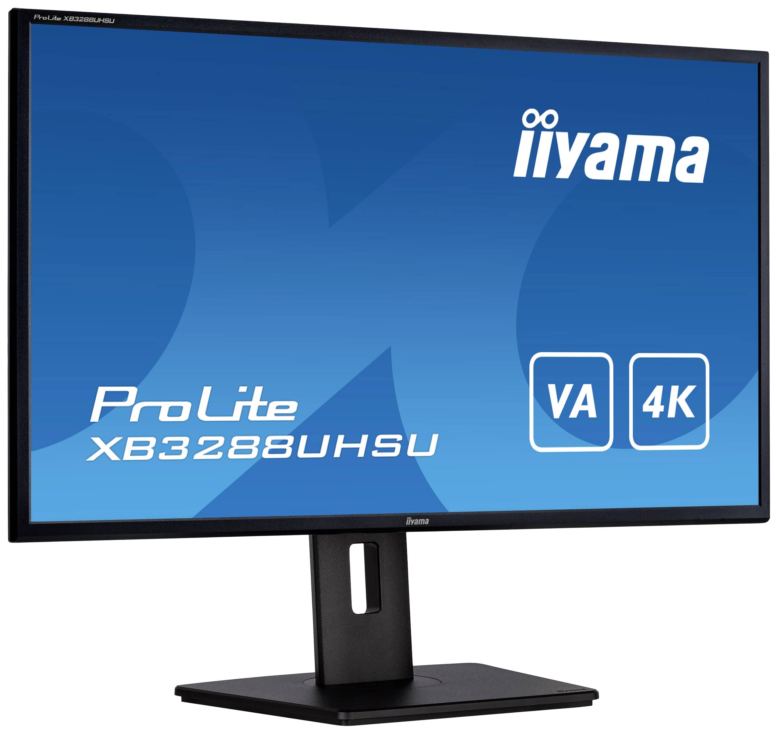An iiyama computer monitor, model 'ProLite XB3288UHSU', with 4K resolution and VA panel, mounted on a stand.