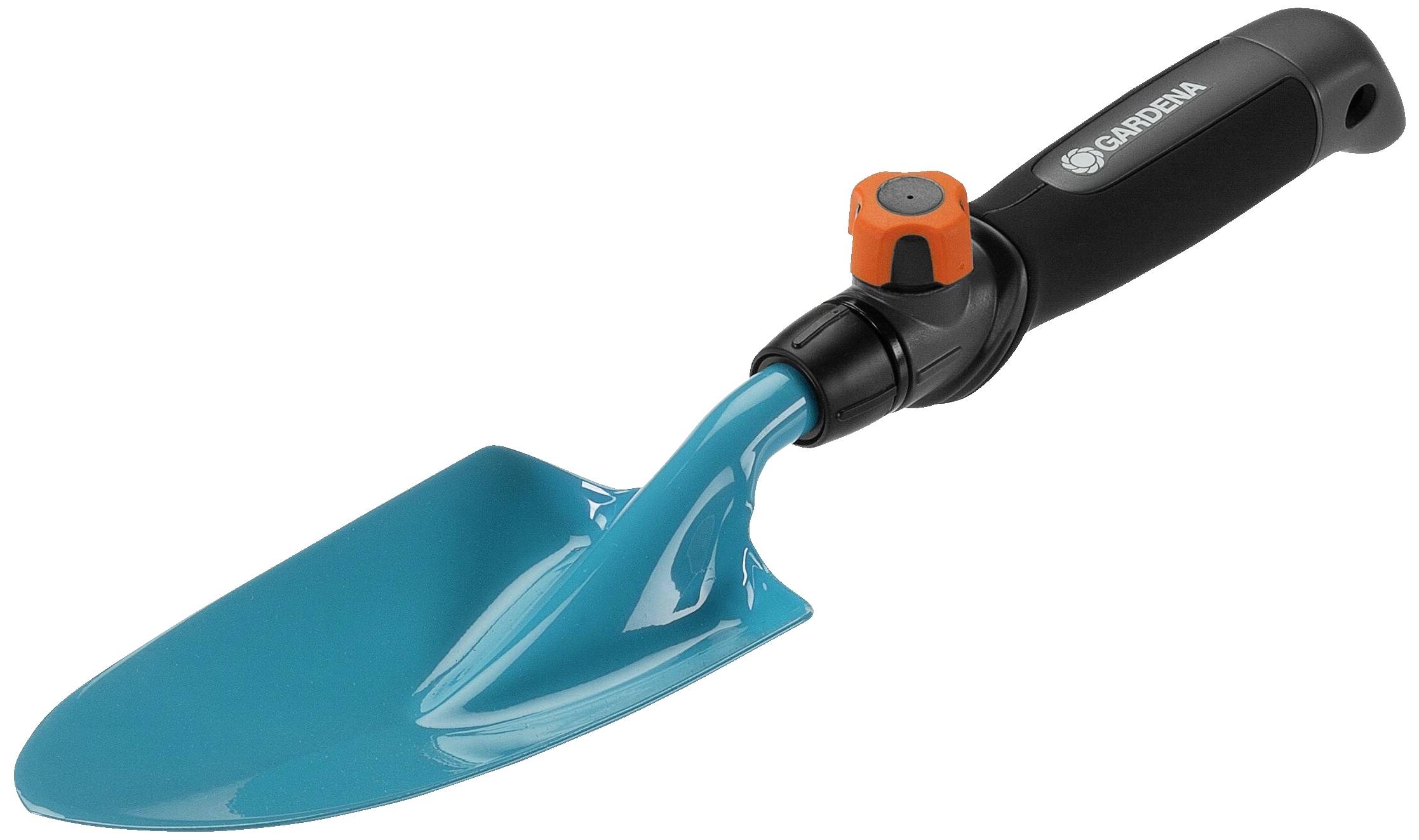 A blue garden trowel with a black handle and orange accent, suitable for planting work in the garden.