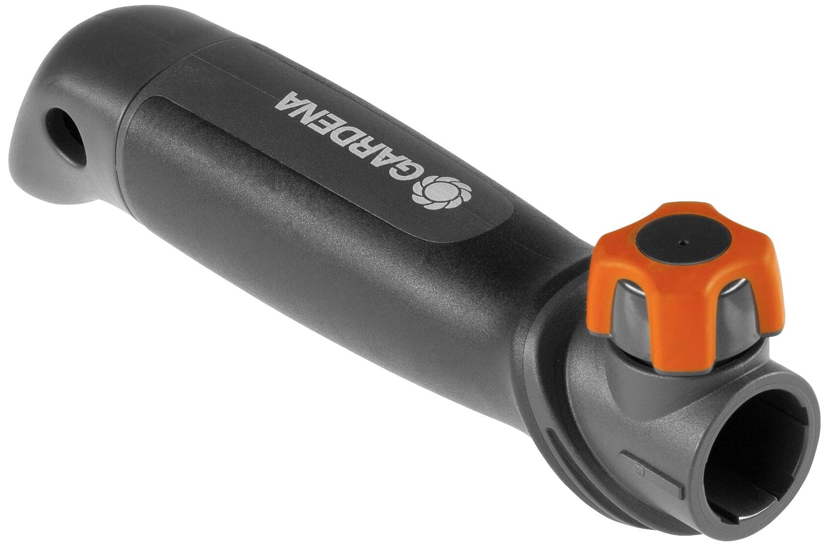 Gardena garden hose connector with orange rotary lock.