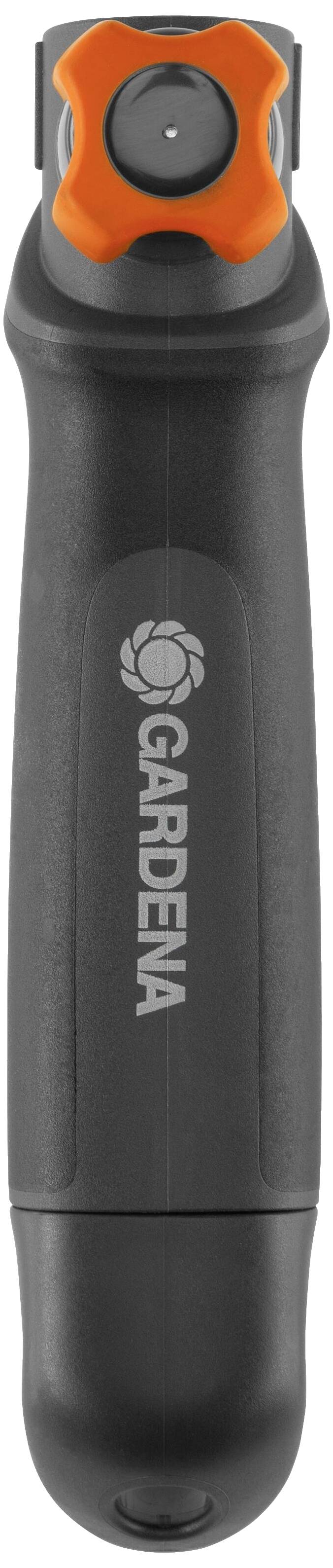 A black Gardena garden hose spray nozzle with an orange adjustment button on top, with the logo displayed in the centre of the grip.